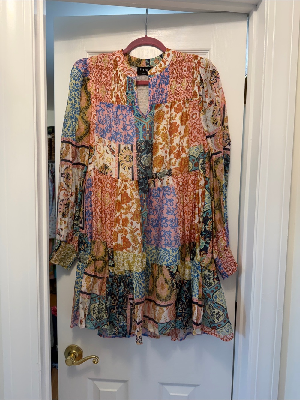 Fate Patchwork Long-Sleeve Tiered Mini Dress — Multicolor